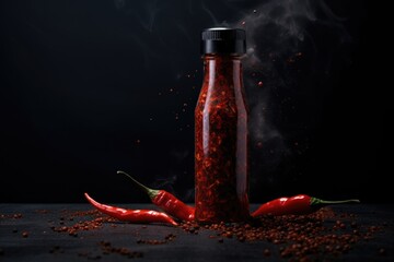 Chilly sauce or ketchup in glass bottle with red hot chili peppers on black background with smoke. Mexican paprika spice. Mockup for logo or design - obrazy, fototapety, plakaty