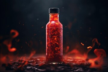 Chilly sauce or ketchup in glass bottle made of red hot chili peppers on black background with flame and smoke. Mexican paprika spice. Mockup for logo or design