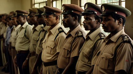 Fictitious Guyanese police officers stand at attention AI generative - obrazy, fototapety, plakaty