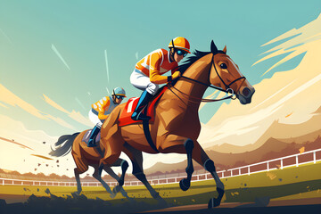 A painting of horses with jockeys on them with one wearing sports game