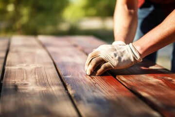 Diligent Man Applying Stain to Wooden Table Outdoors