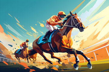 A painting of horses with jockeys on them with one wearing sports game - obrazy, fototapety, plakaty