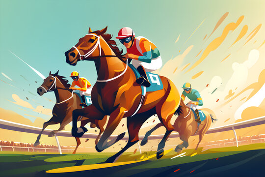A painting of horses with jockeys on them with one wearing sports game illustration