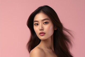 Studio photo of Asia female Model photography, in clear pink background, Generative ai
