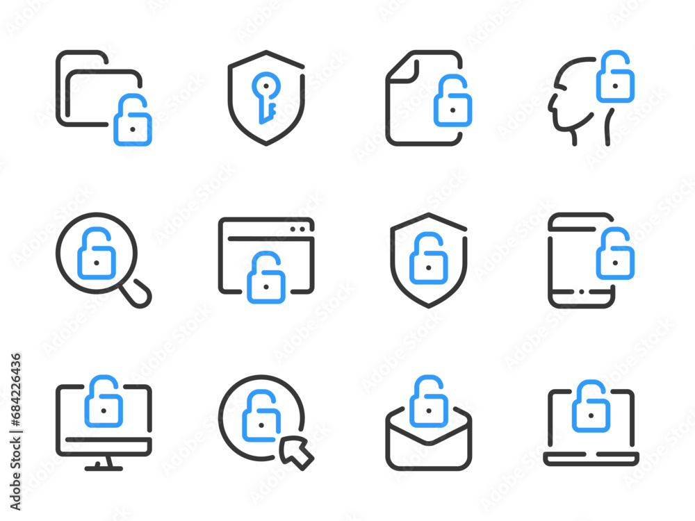 Poster data protection and cyber security vector line icons. authorization and authentication outline icon 