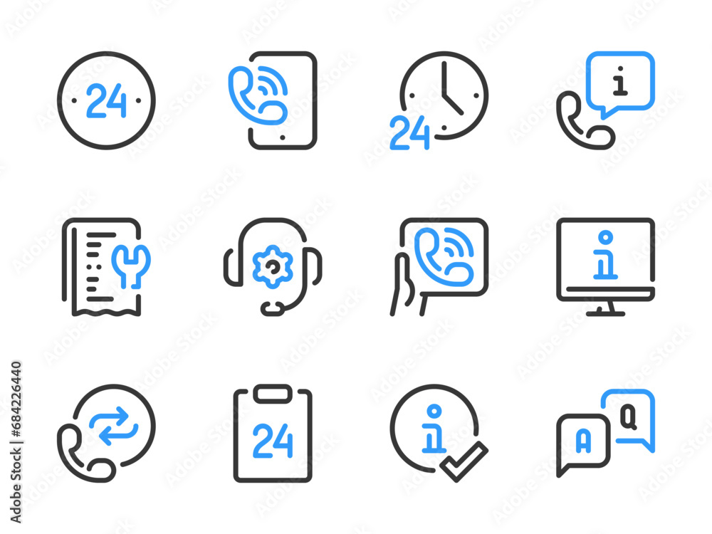 Poster customer support service and helpline vector line icons. help, assistance and consulting outline ico