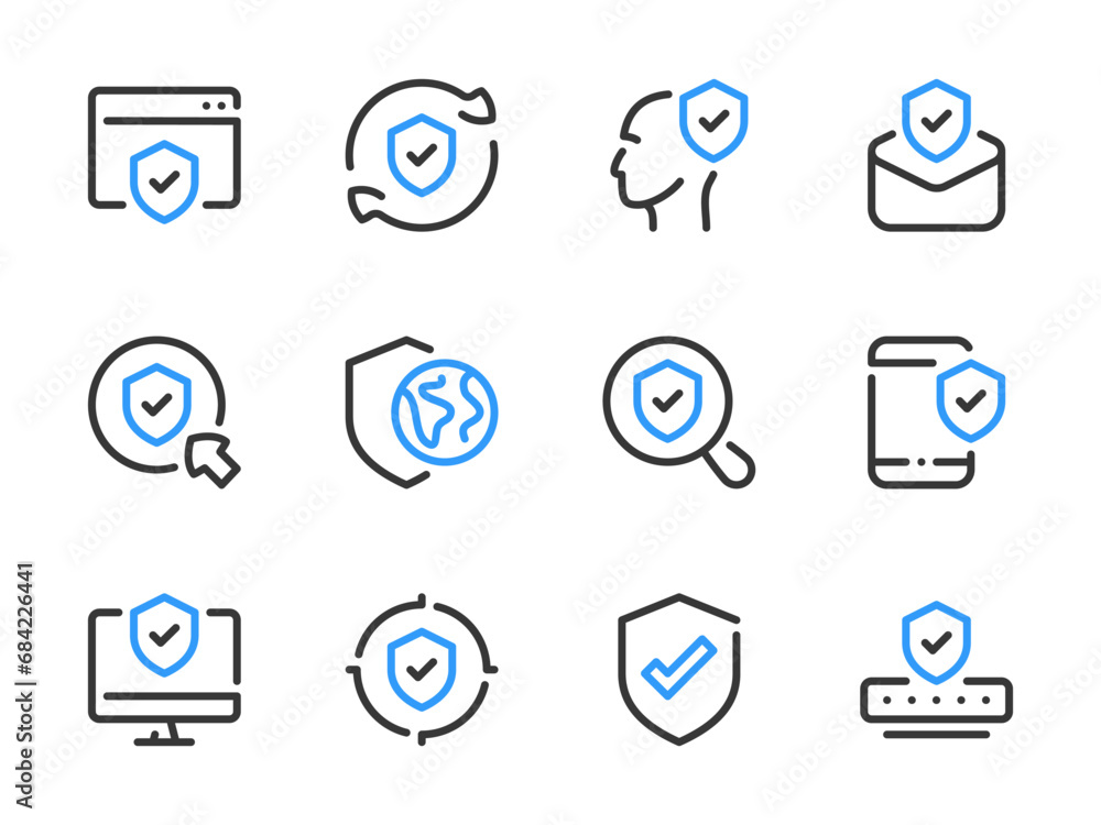 Poster data security and cyber protection vector line icons. web guard and personal safety outline icon set
