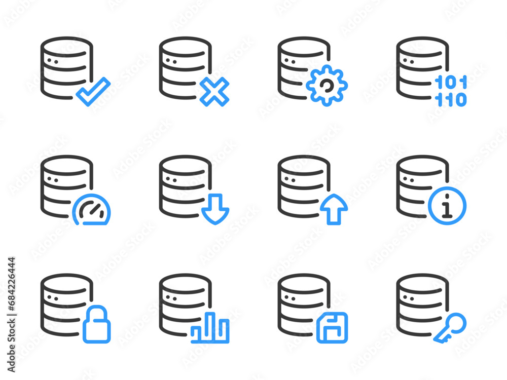 Poster database and server vector line icons. online storage and data center outline icon set. access, prog