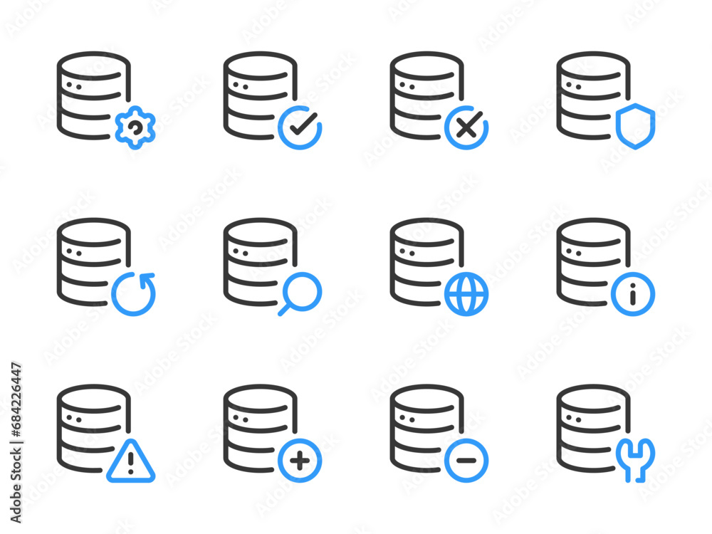 Poster database and server vector line icons. online storage and data center outline icon set. backup, main
