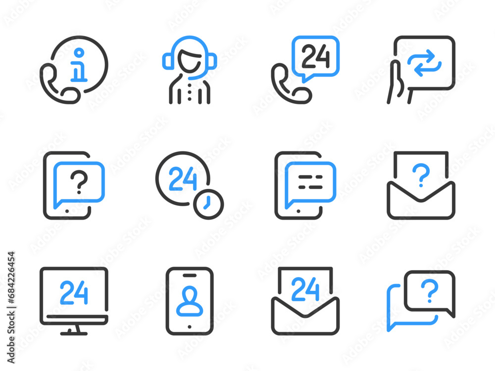 Poster customer support service and helpline vector line icons. help, assistance and consulting outline ico