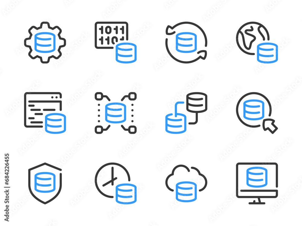 Fototapete Database and Server vector line icons. Online Storage and Data Center outline icon set. System Configuration, Coding, Network, Protection, Backup, Programming and more.