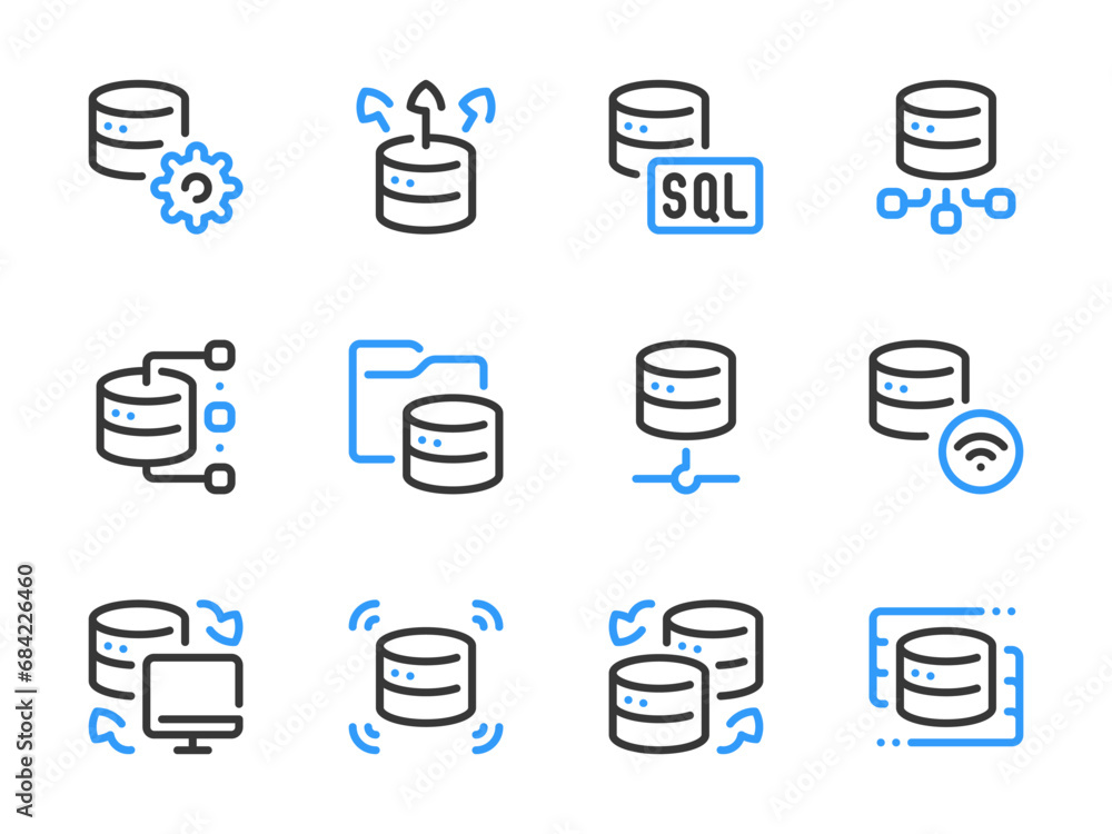 Poster database and server vector line icons. online storage and data center outline icon set. file managem