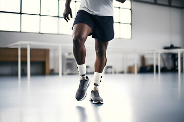 photo close-up of man with mechanical leg running