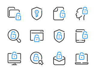 Data protection and Cyber security vector line icons. Authorization and Authentication outline icon set. Lock, Password, Access, Login, Information Security, Online and more.