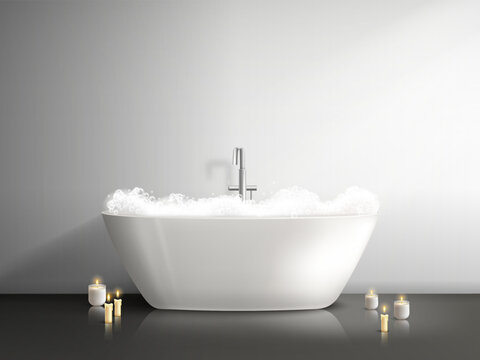 Bathtub with foam. Realistic bath tub bubble in bathroom interior, romantic candles, bubbly bathed bathr home basin or hotel water sink sanitary room decent vector illustration