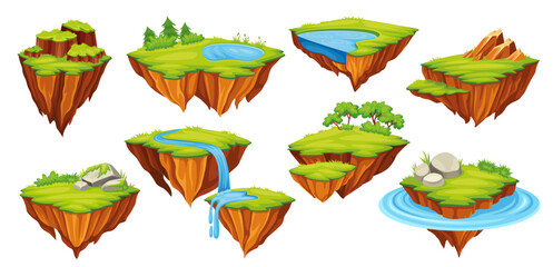 Flying ground islands. Floating land piece adventure game environment, soil rock empty island nature earth planet, game level map run platform bridge, neoteric vector illustration © ssstocker