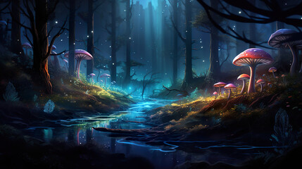 Glowing mushrooms in a forest. Generative Ai