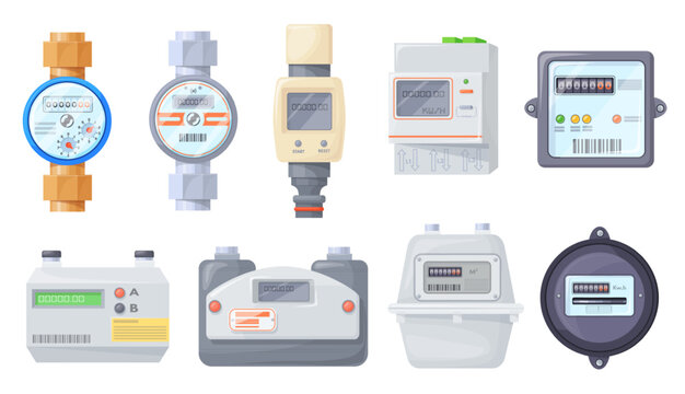 Household meters. Gas water electric counter for smart accounting rate power consumption, industry home measure equipment gauge energy supply control panel neat vector illustration