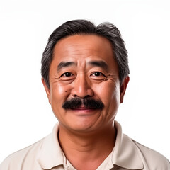 portrait of middle aged asian male man with mustache . white background . generative ai