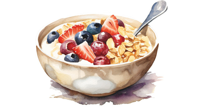 bowl of muesli with fruit in watercolor painting design