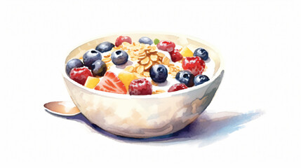 bowl of muesli with fruit in watercolor painting design