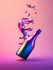 A champagne bottle with champagne flutes and bubbles splashing on a colored background, in the style of vaporwave