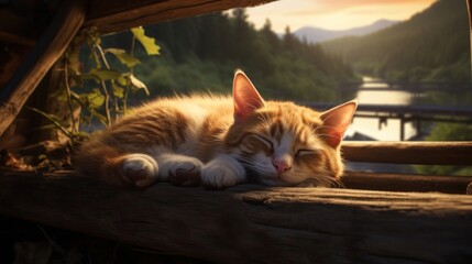 sleeping cat under the wooden bridge