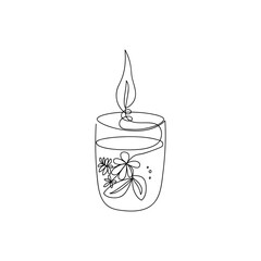Floral aroma candle drawn by one line, concept. Sketch. Minimalist art. Creative vector  illustration in doodle style.