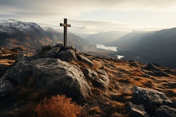 christian cross on the top of a mountain - obrazy, fototapety, plakaty