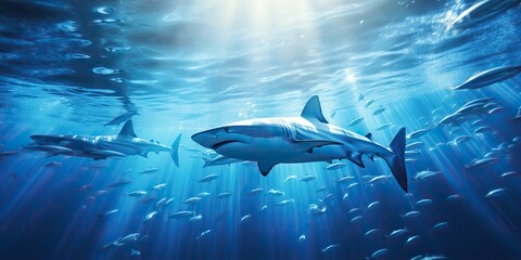 Wild life under water nature outdoor sea ocean big fish blue shark background. Deep dive scuba diving hunter animal