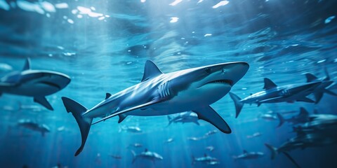 Obraz premium Wild life under water nature outdoor sea ocean big fish blue shark background. Deep dive scuba diving hunter animal