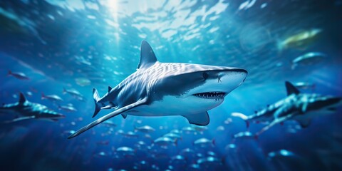 Fototapeta premium Wild life under water nature outdoor sea ocean big fish blue shark background. Deep dive scuba diving hunter animal
