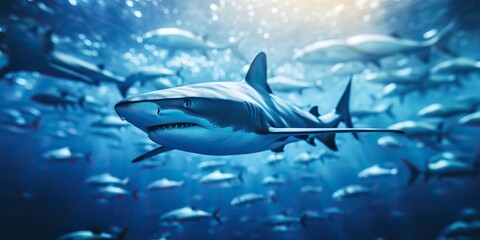 Fototapeta premium Wild life under water nature outdoor sea ocean big fish blue shark background. Deep dive scuba diving hunter animal