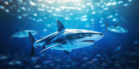 Obraz premium Wild life under water nature outdoor sea ocean big fish blue shark background. Deep dive scuba diving hunter animal