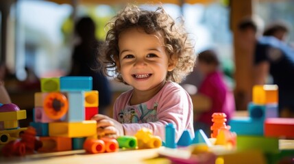 child playing with colorful building blocks in the school's play area - obrazy, fototapety, plakaty