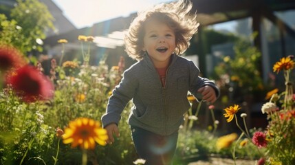 a happy child playing in a sunlit garden