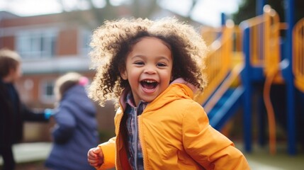 a cheerful child playing on the school playground - obrazy, fototapety, plakaty