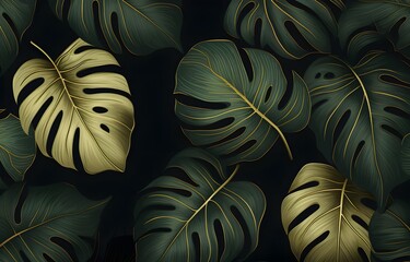 gold and green monstera plant leaves on dark background for card decor design