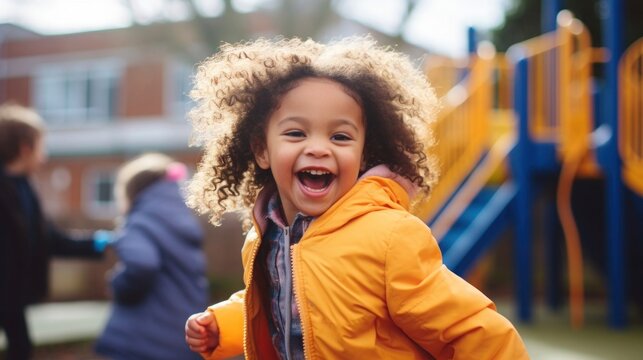 A Cheerful Child Playing On The School Playground