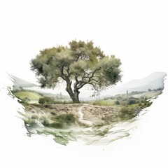 Olive tree with nature landscape watercolor style.