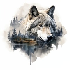 Double exposure of wolf with nature landscape watercolor style.