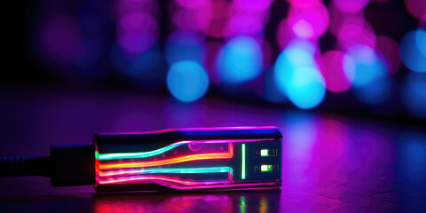 USB flash drive on black background with neon glowing lines. Creative banner of hardware crypto wallet for safe storage of personal data. - obrazy, fototapety, plakaty