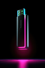 USB flash drive on black background with neon glowing lines. Creative vertical concept of hardware crypto wallet for safe storage of personal data.