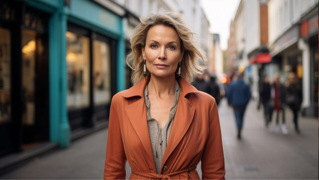 beautiful women 47 year old look like35 staning wearing fashion style luxury clothing walking on bond street