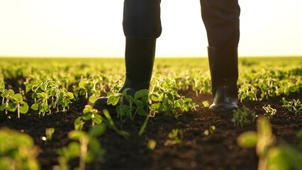 close-up farmer boots field sunset. work field. Agriculture. fresh vegetable sprouts. business...