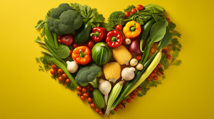 Naklejka na ściany i meble Fresh veggies Heartshaped on a yellow backdrop Happy vegan day Vegetarian lifestyle eat trend celebrate healthy mockup