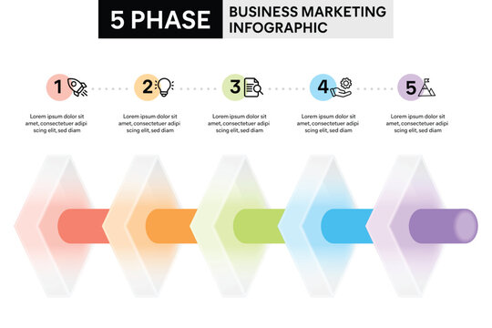 5 Phase Diamond Shape Infographic in Glassmorphism Style with Cylinder Pipeline Infographic Template Illustration for Business Report.