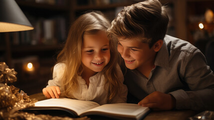 little boy and girl reading a book, smart children, child, kid, student, son, daughter, siblings, brother, sister, cozy home, table, room, evening, fairy tale, study, learning, family, children's room