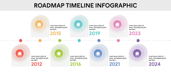 Milestone Roadmap Infographic. Vector illustration of Modern Milestone Diagram with Glassmporhism Style Time Stamp.