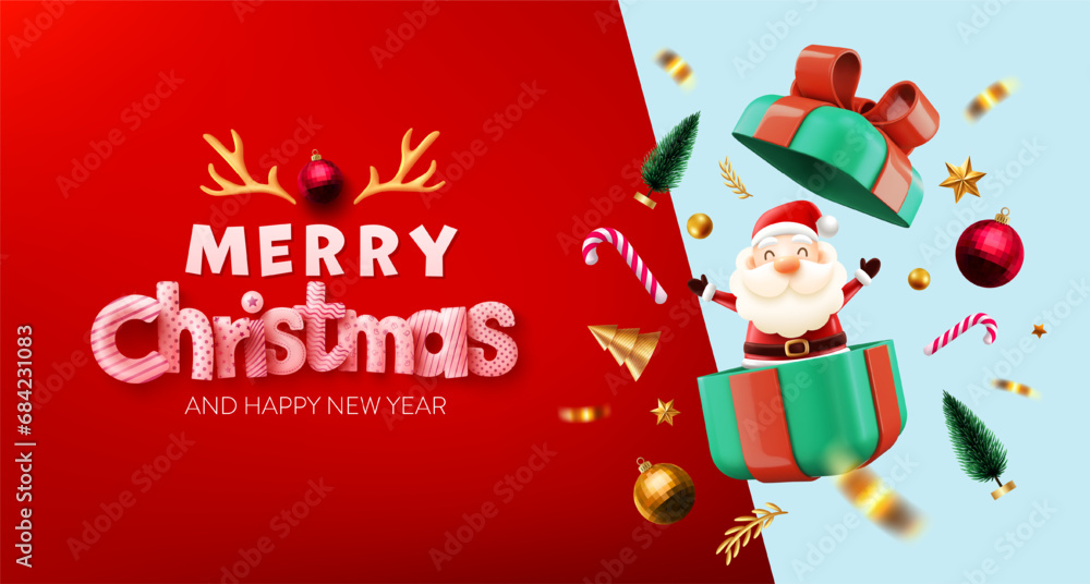 Wall mural merry christmas and happy new year poster or banner with cute santa claus in gift box and christmas 